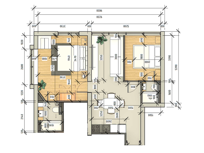 Двуспален апартамент, 59 m²