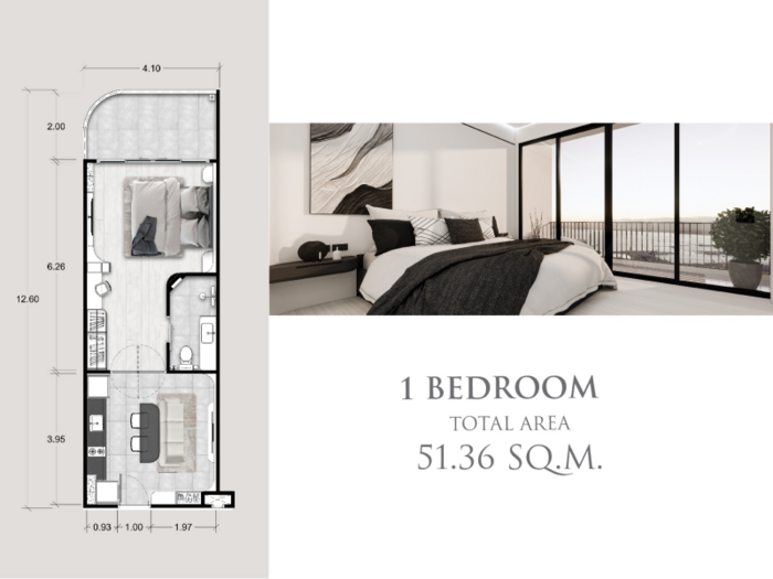 едноспален апартамент, 51 m²