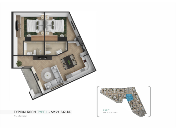 Двуспален апартамент, 59 m²